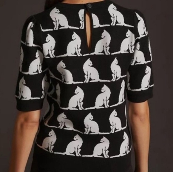 ANTHROPOLOGIE MAEVE HARMON JACQUARD Black White Cat Sweater Short Sleeve - Picture 4 of 6